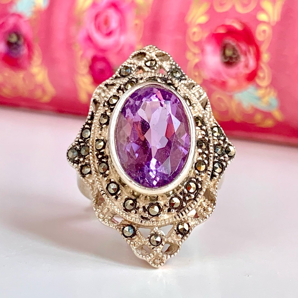 Amethyst & Marcasite Victorian Style Sterling Silver Cocktail Ring Sz 7